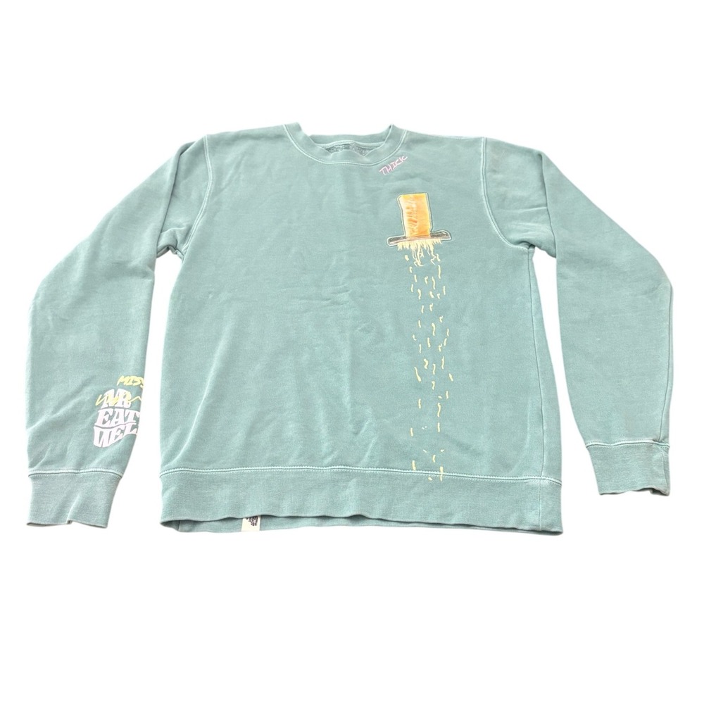 Heather McMahan Mr Eat Well Sage Green Cheese Graphic Sweatshirt Womens Medium